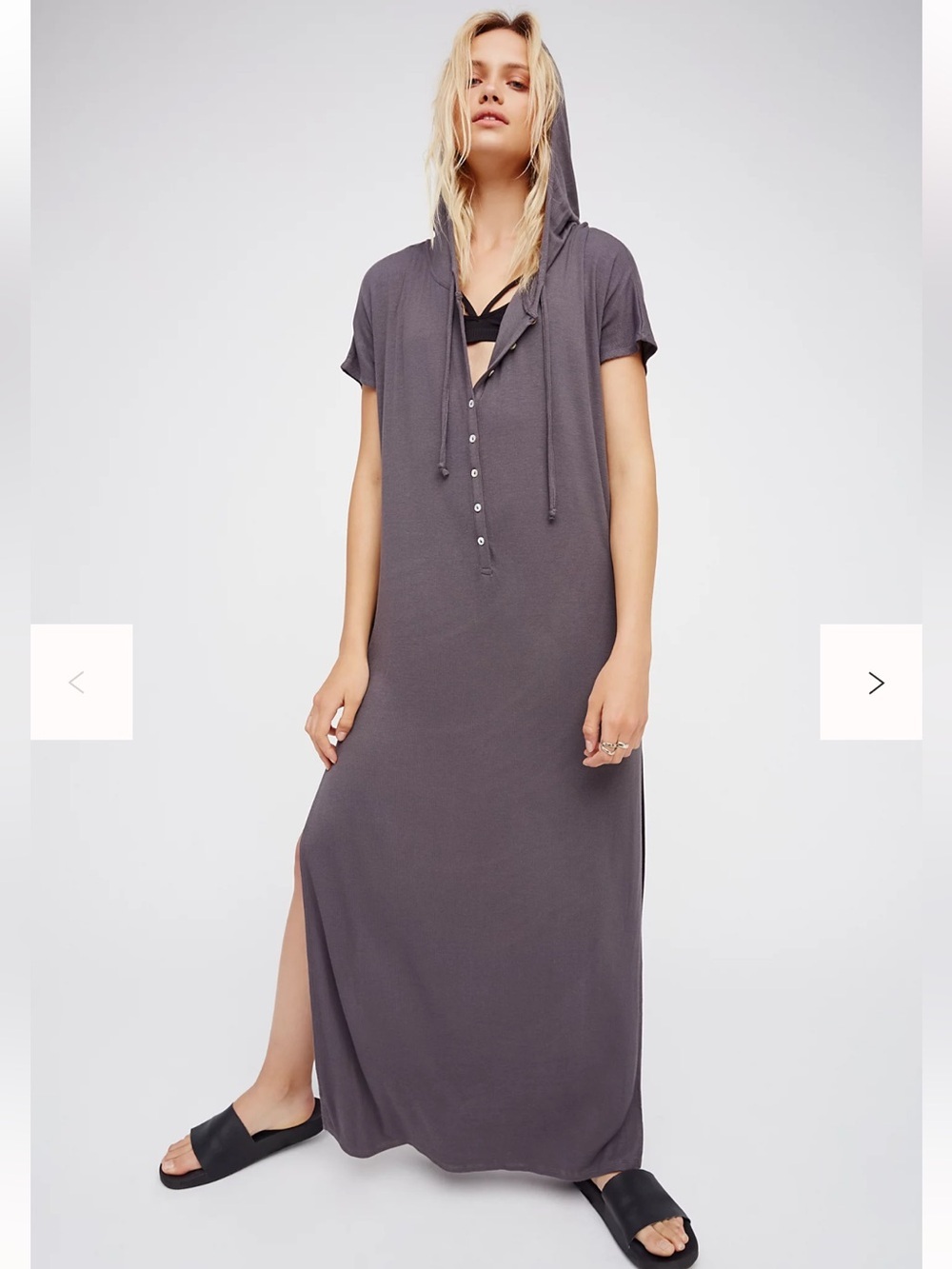 Free People Gray Avalon Maxi Dress Button Detail Hoody High Slit